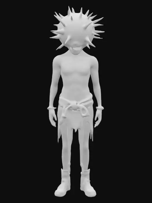 3D model for A half naked prisoner with decaying skin with big metalic ball instead of his head, the ball has small holes and spikes coming out. Light tattered/rugged dark clothing, he has shackles on his leg. Dark fantasy style with goth-core. 