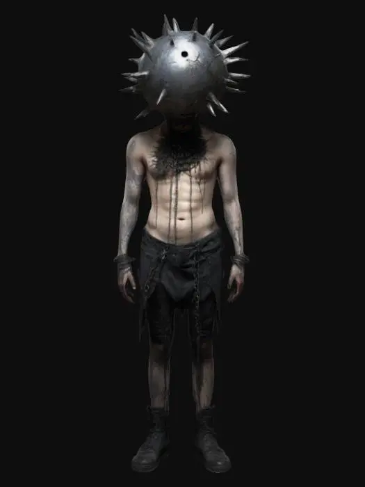3D model for A half naked prisoner with decaying skin with big metalic ball instead of his head, the ball has small holes and spikes coming out. Light tattered/rugged dark clothing, he has shackles on his leg. Dark fantasy style with goth-core. 