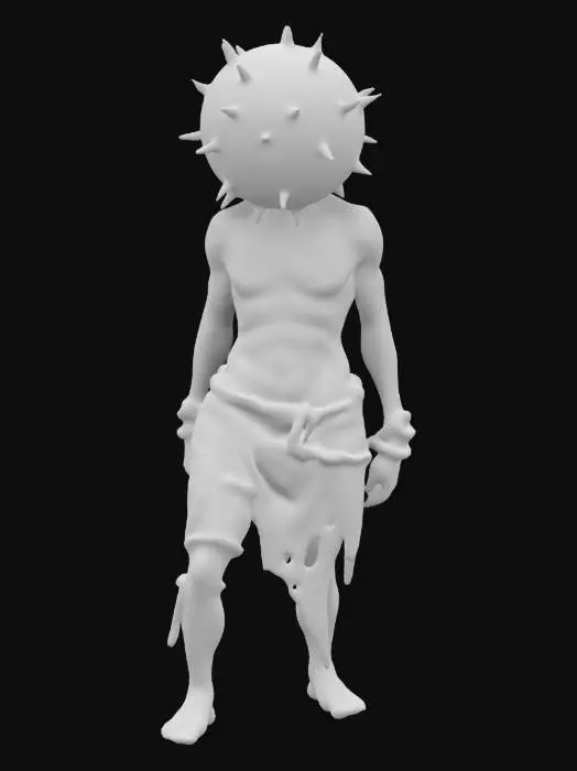 3D model for A half naked prisoner with decaying skin with big metalic ball instead of his head, the ball has small holes and spikes coming out. Light tattered/rugged dark clothing, he has shackles on his leg. Dark fantasy style with goth-core. 