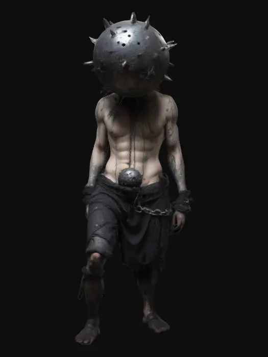 3D model for A half naked prisoner with decaying skin with big metalic ball instead of his head, the ball has small holes and spikes coming out. Light tattered/rugged dark clothing, he has shackles on his leg. Dark fantasy style with goth-core. 