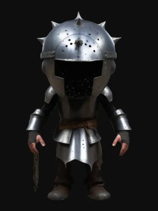 3D model for A medieval prisoner with metalic sphere like helmet, the helmet has small holes, spikes coming out of the helmet.  