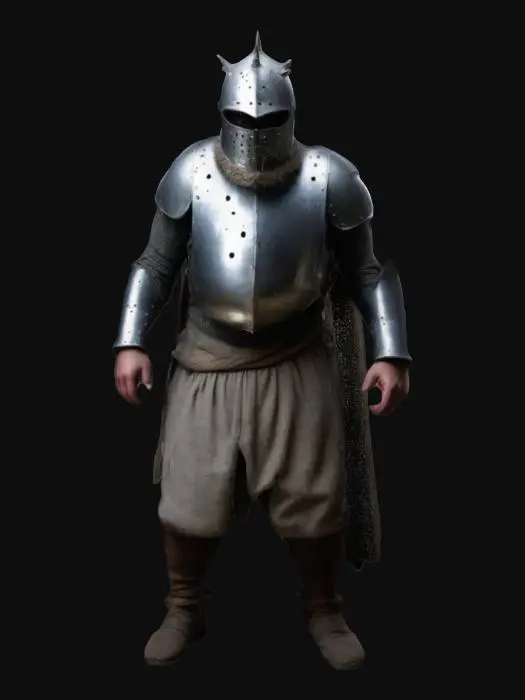 3D model for A medieval prisoner with metalic sphere like helmet, the helmet has small holes, spikes coming out of the helmet.  