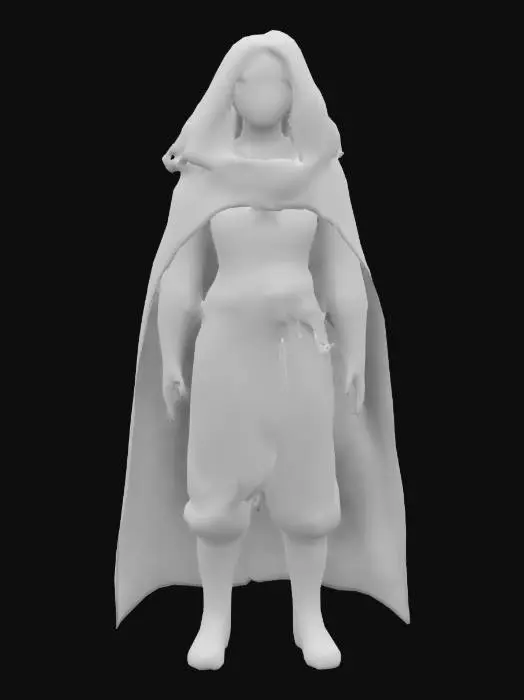 3D model for A beautiful young woman with long, messy brown hair and soft, yet determined eyes. She wears simple, worn clothing, a loose tunic and a tattered shawl draped over her shoulders, with dark blood red small cape, which gives her a humble, unassuming look. Her hands are often clasped nervously, and she has a gentle, fragile aura about her