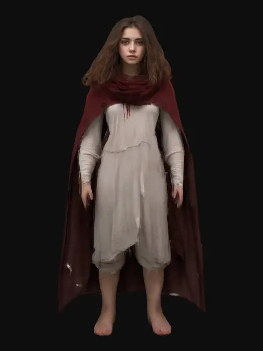 3D model for A beautiful young woman with long, messy brown hair and soft, yet determined eyes. She wears simple, worn clothing, a loose tunic and a tattered shawl draped over her shoulders, with dark blood red small cape, which gives her a humble, unassuming look. Her hands are often clasped nervously, and she has a gentle, fragile aura about her