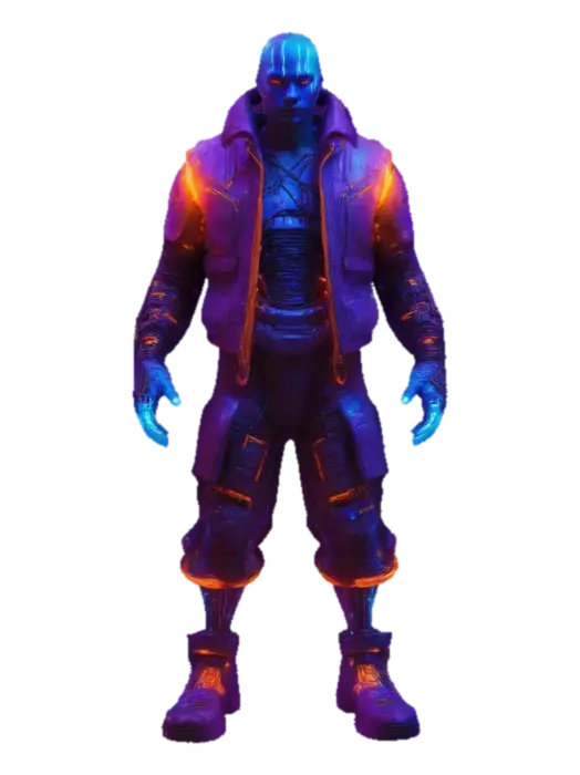 A cyberpunk-inspired character with a heavily saturated color palette glowing… - Synthetic 3D model, vytvořený pomocí AI