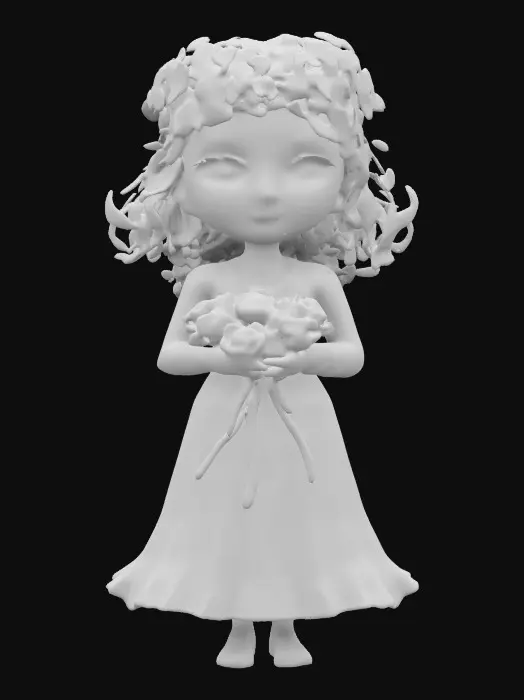3D model for Strong mother figure filled with joy and happiness, she have dandelion crow on her head, holding pair of roses, bouquet,  #women#