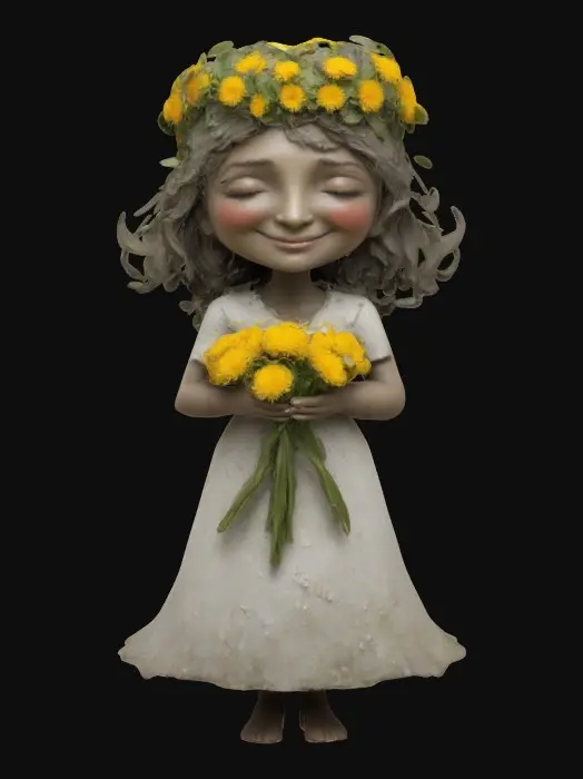 3D model for Strong mother figure filled with joy and happiness, she have dandelion crow on her head, holding pair of roses, bouquet,  #women#