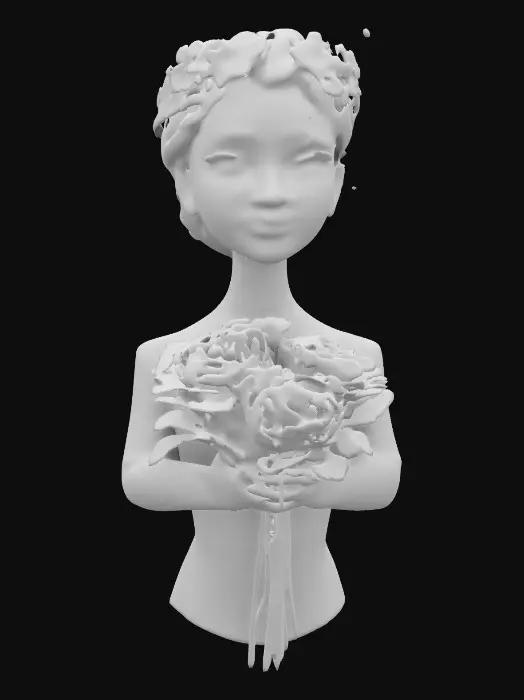 3D model for Strong mother figure filled with joy and happiness, she have dandelion crow on her head, holding pair of roses, bouquet,  #women#