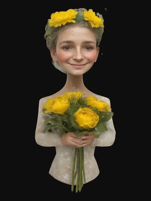 3D model for Strong mother figure filled with joy and happiness, she have dandelion crow on her head, holding pair of roses, bouquet,  #women#