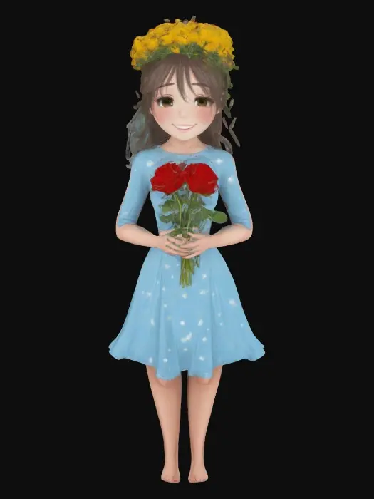 3D model for Beautiful Woman, dandelion crow on her head, holding pair of red roses in her hand, she wears beautiful sky blue color clothing. Simple short dress #women#