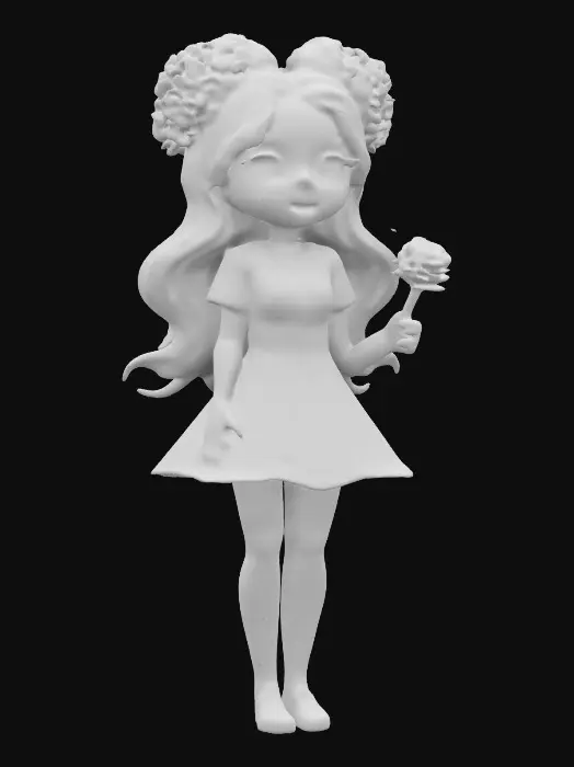 3D model for Beautiful Woman, dandelion crow on her head, holding pair of red roses in her hand, she wears beautiful sky blue color clothing. Simple short dress #women#