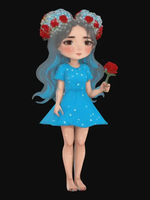 3D model for Beautiful Woman, dandelion crow on her head, holding pair of red roses in her hand, she wears beautiful sky blue color clothing. Simple short dress #women#