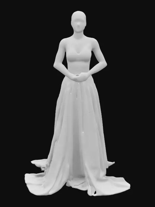 3D model for A beautiful hot woman with a poised stance, draped in a flowing gown of deep crimson and ivory, its fabric soft and weightless. Her long, wavy hair cascades over her shoulders, adorned with delicate roses and golden pins. provocative clothing, #women#