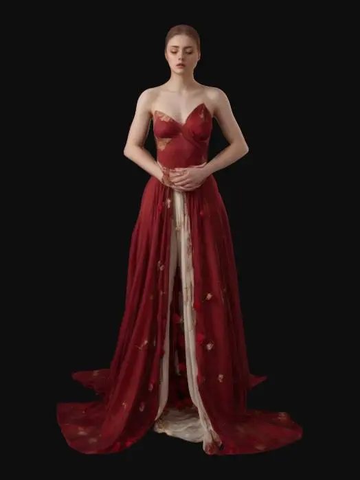 3D model for A beautiful hot woman with a poised stance, draped in a flowing gown of deep crimson and ivory, its fabric soft and weightless. Her long, wavy hair cascades over her shoulders, adorned with delicate roses and golden pins. provocative clothing, #women#