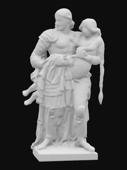 3D model for a stone statue of devastated fallen knight carrying a woman on his back, statue of sorrow, the woman has long braided hair, her head rests on the knight's shoulder, #women#