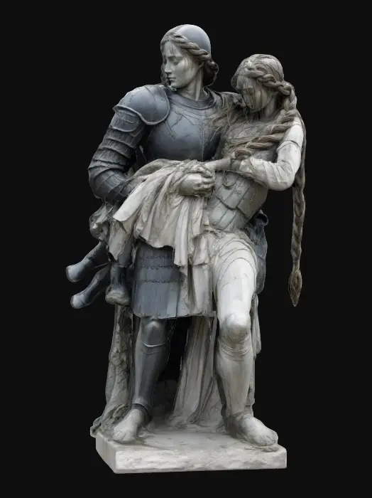 3D model for a stone statue of devastated fallen knight carrying a woman on his back, statue of sorrow, the woman has long braided hair, her head rests on the knight's shoulder, #women#