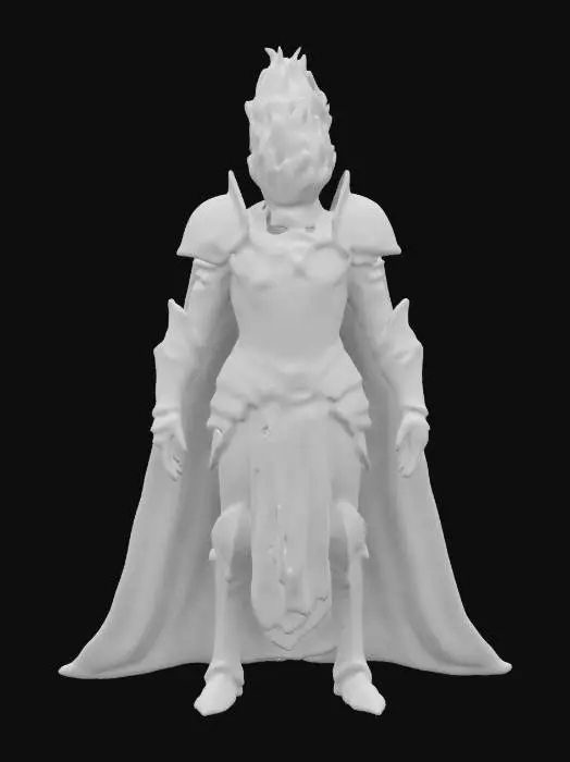3D model for A dark fantasy Lord knight without head, headless, instead of head he has fire/flame that burns in amber and crimson colors. A lord of crimson chaos flame. Dark tarnished armor, blood red color cape, slightly darker vivid color style, fire as a head.