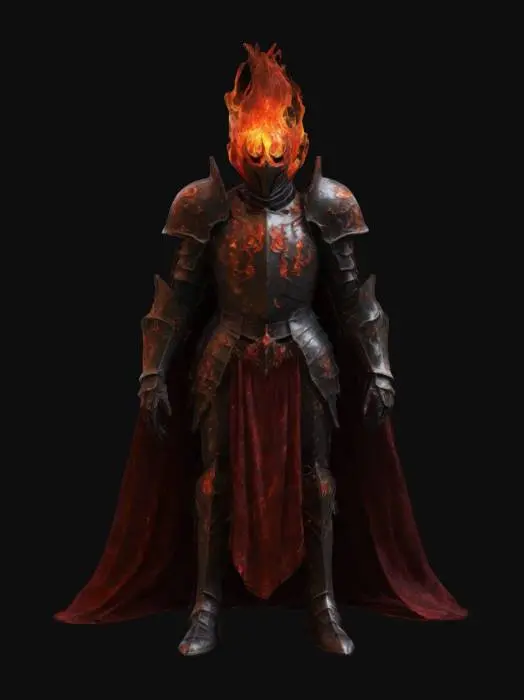 3D model for A dark fantasy Lord knight without head, headless, instead of head he has fire/flame that burns in amber and crimson colors. A lord of crimson chaos flame. Dark tarnished armor, blood red color cape, slightly darker vivid color style, fire as a head.