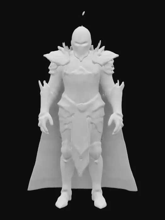 3D model for A dark fantasy Lord knight without head, headless, instead of head he has fire/flame that burns in amber and crimson colors. A lord of crimson chaos flame. Dark tarnished armor, blood red color cape, slightly darker vivid color style, fire as a head.