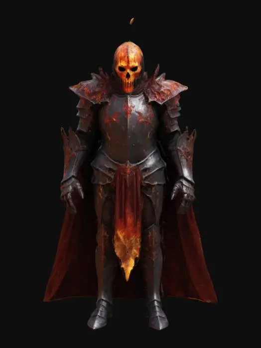 3D model for A dark fantasy Lord knight without head, headless, instead of head he has fire/flame that burns in amber and crimson colors. A lord of crimson chaos flame. Dark tarnished armor, blood red color cape, slightly darker vivid color style, fire as a head.