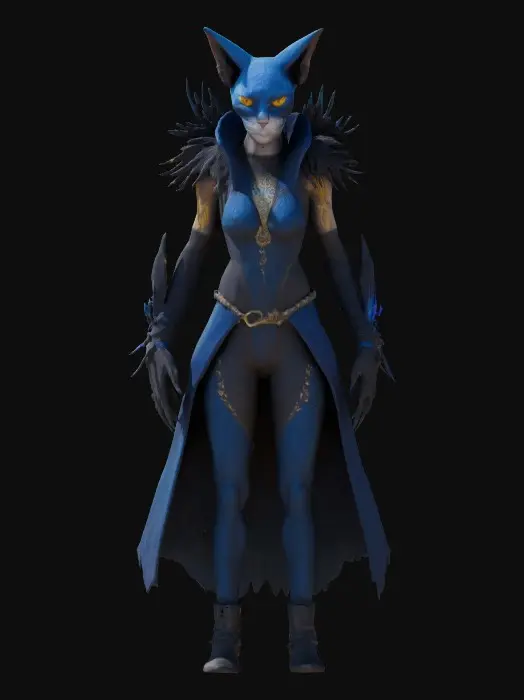 3D model for A slender, feline-like rogue with iridescent midnight-blue fur, shifting subtly under the moonlight. His piercing golden eyes glow like twin suns, framed by intricate silver tattoos that pulse with energy. He wears a sleeveless, high-collared coat lined with shimmering black feathers, and his hands are adorned with clawed gauntlets crackling with dark electricity, #game figure#