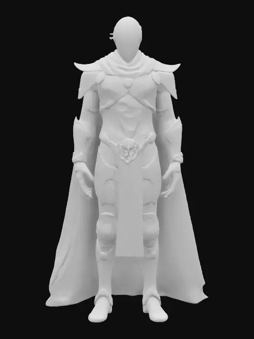 3D model for A towering automaton knight, forged from gleaming bronze and black obsidian, with veins of molten gold coursing through his frame. His face is a smooth, expressionless mask, save for two piercing sapphire lights where eyes should be. A flowing cobalt cape, torn yet regal, drapes over his broad shoulders. Arcane sigils glow faintly along his plated arms, powering a colossal, a sentinel of lost empires, #game figure#