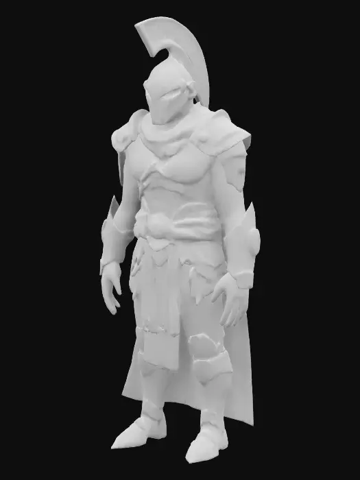 3D model for A futuristic gladiator, encased in scorched ceramite armor reinforced with energy-conductive plating. His helmet, a brutal fusion of steel and fiber-optic nerves, cracked vambraces hum with embedded shock emitters. A crimson sash, tattered from battle, wraps his waist, an echo of ancient warriors. 