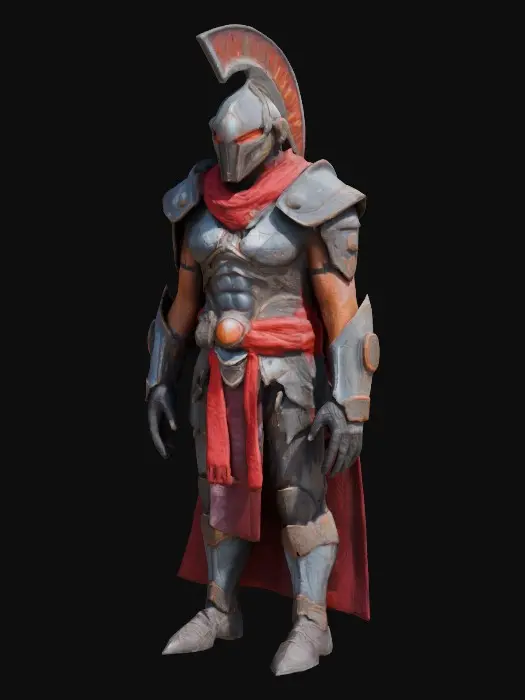 3D model for A futuristic gladiator, encased in scorched ceramite armor reinforced with energy-conductive plating. His helmet, a brutal fusion of steel and fiber-optic nerves, cracked vambraces hum with embedded shock emitters. A crimson sash, tattered from battle, wraps his waist, an echo of ancient warriors. 