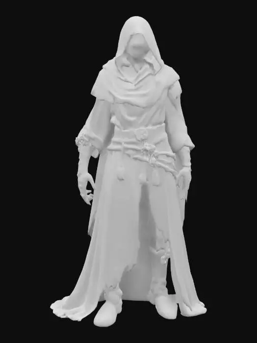 3D model for A sinister, hooded figure in tattered, ivory robes with intricate patterns. A long, flowing veil obscures the face, leaving only darkness beneath. Wears aged, metallic bracers with engravings. The attire is stained and frayed, layered over chainmail. A rope belt holds small trinkets. Sturdy, worn leather boots. The fabric should have a weathered look, with realistic cloth physics, metal reflections, and subtle dirt details for a dark fantasy aesthetic, #game figure#