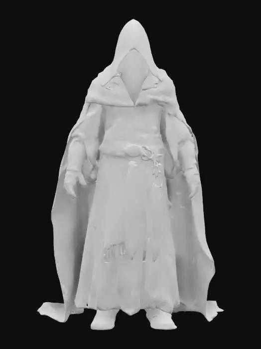 3D model for A sinister, hooded figure in tattered, ivory robes with intricate patterns. A long, flowing veil obscures the face, leaving only darkness beneath. Wears aged, metallic bracers with engravings. The attire is stained and frayed, layered over chainmail. A rope belt holds small trinkets. Sturdy, worn leather boots. The fabric should have a weathered look, with realistic cloth physics, metal reflections, and subtle dirt details for a dark fantasy aesthetic, #game figure#