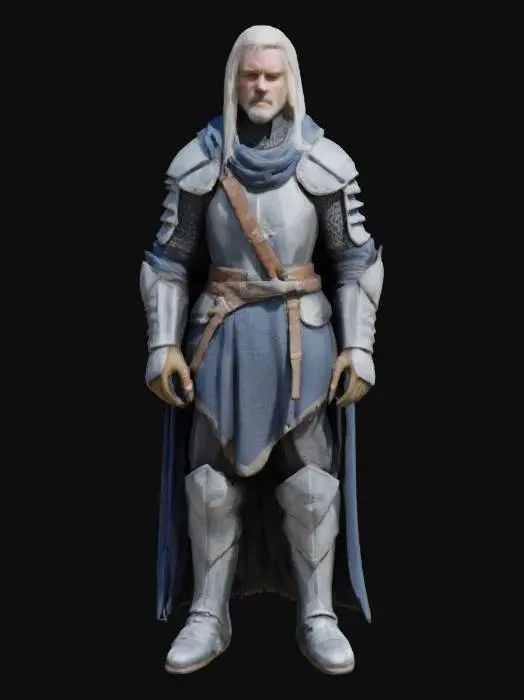 3D model for A solemn knight in weathered silver armor, layered with tattered blue-gray cloth and chainmail. A delicate circlet crowns their pale, stoic face, framed by long, platinum-blond hair. The pauldrons are aged, featuring intricate engravings. A leather belt secures the layered tunic, and armored greaves cover the legs. The fabric is worn and frayed. The metal should have subtle scratches and tarnish, giving a noble yet battle-worn aesthetic