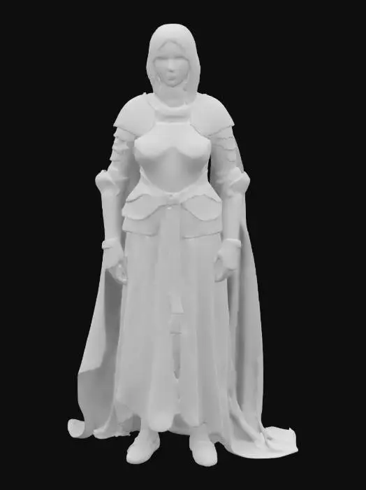 3D model for A solemn knight female in weathered silver armor, layered with tattered blue-gray cloth and chainmail. A delicate circlet crowns their pale, stoic face, framed by long, platinum-blond hair. The pauldrons are aged, featuring intricate engravings. A leather belt secures the layered tunic, and armored greaves cover the legs. The fabric is worn and frayed. The metal should have subtle scratches and tarnish, giving a noble yet battle-worn aesthetic