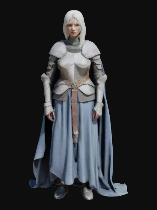 3D model for A solemn knight female in weathered silver armor, layered with tattered blue-gray cloth and chainmail. A delicate circlet crowns their pale, stoic face, framed by long, platinum-blond hair. The pauldrons are aged, featuring intricate engravings. A leather belt secures the layered tunic, and armored greaves cover the legs. The fabric is worn and frayed. The metal should have subtle scratches and tarnish, giving a noble yet battle-worn aesthetic