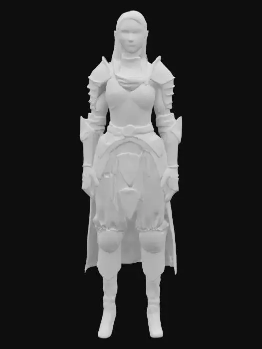 3D model for A solemn knight female in weathered silver armor, layered with tattered blue-gray cloth and chainmail. A delicate circlet crowns their pale, stoic face, framed by long, platinum-blond hair. The pauldrons are aged, featuring intricate engravings. A leather belt secures the layered tunic, and armored greaves cover the legs. The fabric is worn and frayed. The metal should have subtle scratches and tarnish, giving a noble yet battle-worn aesthetic