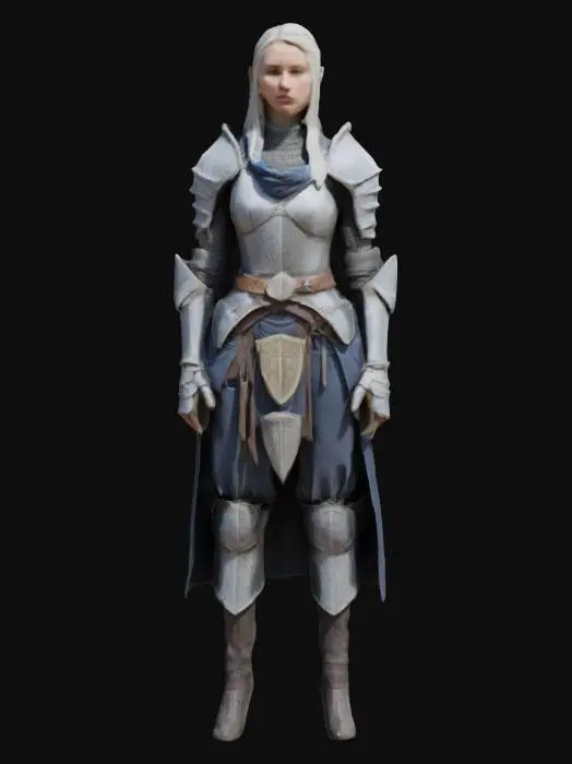 3D model for A solemn knight female in weathered silver armor, layered with tattered blue-gray cloth and chainmail. A delicate circlet crowns their pale, stoic face, framed by long, platinum-blond hair. The pauldrons are aged, featuring intricate engravings. A leather belt secures the layered tunic, and armored greaves cover the legs. The fabric is worn and frayed. The metal should have subtle scratches and tarnish, giving a noble yet battle-worn aesthetic