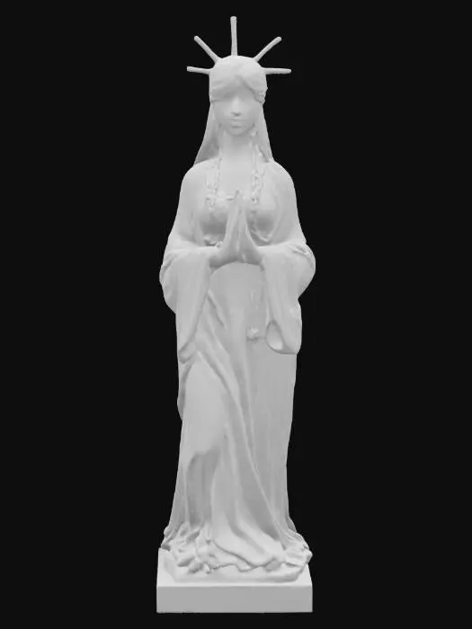 3D model for a stone scalpture/statue of beheaded godess, her body is chained up, silky long dress clothes, Her hands are together and her palms are facing upwards. stone statue of regret, sorrow upon empty prayers