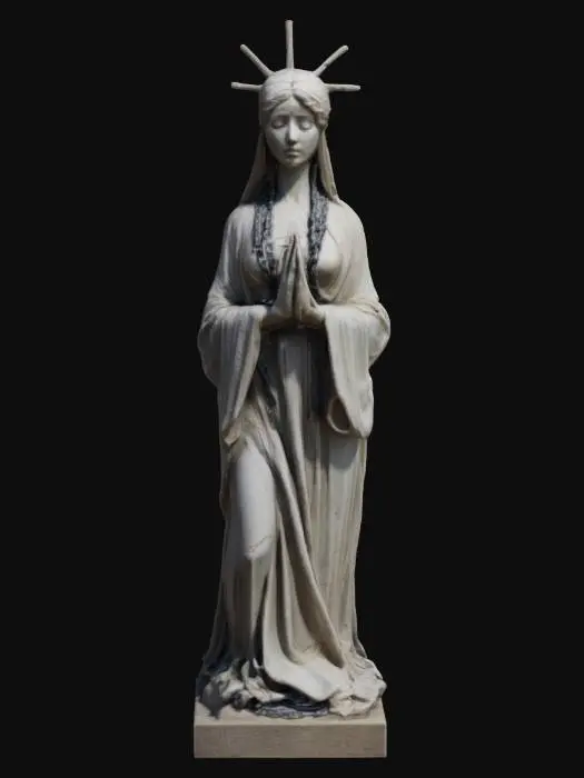 3D model for a stone scalpture/statue of beheaded godess, her body is chained up, silky long dress clothes, Her hands are together and her palms are facing upwards. stone statue of regret, sorrow upon empty prayers