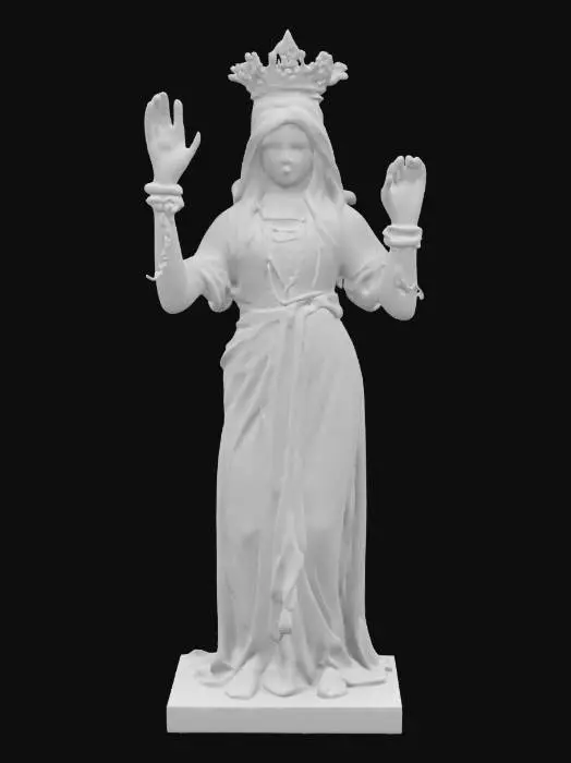 3D model for a stone scalpture/statue of beheaded godess, her body is chained up, silky long dress clothes, Her hands are together and her palms are facing upwards. stone statue of regret, sorrow upon empty prayers