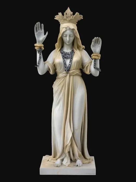 3D model for a stone scalpture/statue of beheaded godess, her body is chained up, silky long dress clothes, Her hands are together and her palms are facing upwards. stone statue of regret, sorrow upon empty prayers