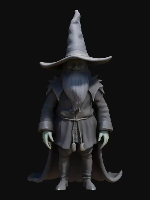 3D model for dark wizard gnom, ethereal style, minimalistic wizard like armor, small pointy hat, his skin is pale and vainy, sharp fangs, magic of beasts