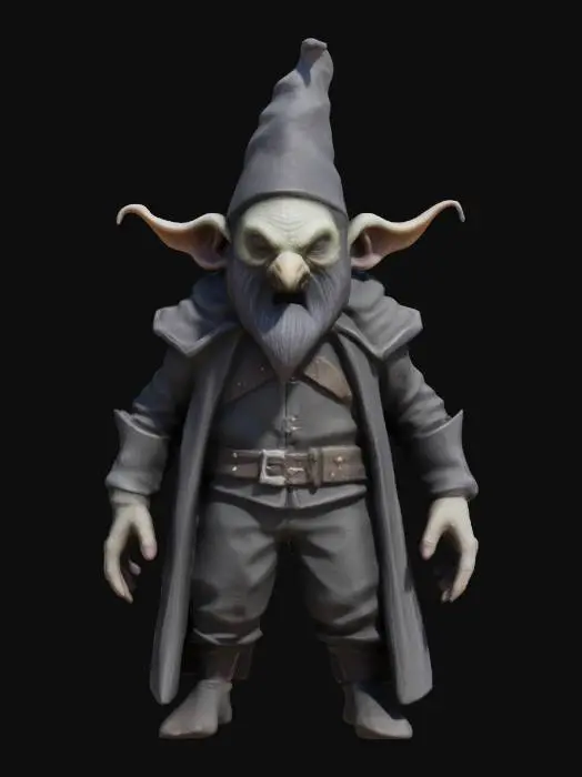 3D model for dark wizard gnom, ethereal style, minimalistic wizard like armor, small pointy hat, his skin is pale and vainy, sharp fangs, magic of beasts