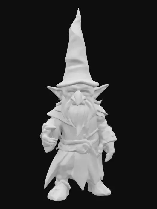 3D model for dark wizard gnom, ethereal style, minimalistic wizard like armor, small pointy hat, his skin is pale and vainy, sharp fangs, magic of beasts