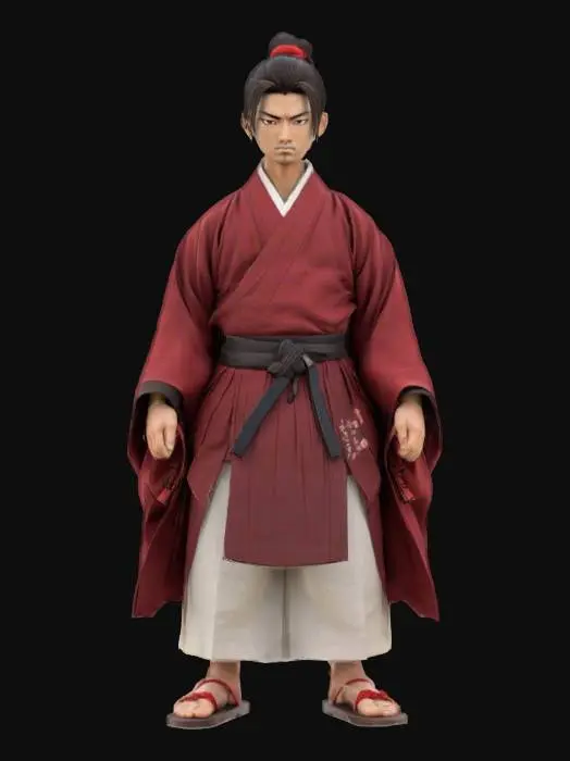 3D model for samurai warrior with dark brown hair tied in a flowing ponytail. He wears a deep red gi with wide sleeves, layered over a white hakama with realistic folds. His expression is calm yet focused, with sharp eyes and a youthful face. A sheathed katana rests at his side, its hilt wrapped in black and white. His feet are in classic wooden sandals with red straps. The textures are clean and detailed.