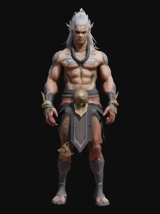 3D model for "A muscular warrior with a mystical aura, his skin adorned with black tribal markings. His silver hair is slicked back, revealing piercing eyes. He wears black and gold loose-fitting pants with intricate engravings, and ornate bracers on his arms. His right arm is mutated, covered in crimson, veiny flesh with sharp claws, radiating dark energy. His stance is firm, exuding strength and mystery.
