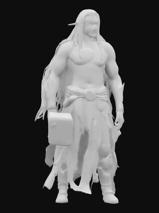 3D model for A towering, gaunt warrior with ashen skin and long, unkempt long darker red hair. His hollow eyes glow faintly beneath the strands. A golden, rune-like sigil burns across his scarred chest, pulsing with eerie energy. His right arm is partially shadowed, fading into a dark mist. He wields a stone hammer crackling with golden veins of energy. A tattered black cloth wraps around his lower body, flowing ominously. His presence radiates divine wrath and sorrow