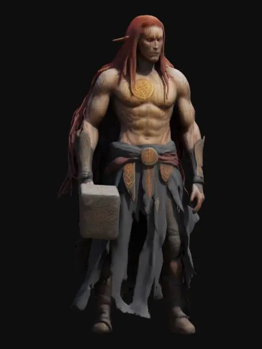 3D model for A towering, gaunt warrior with ashen skin and long, unkempt long darker red hair. His hollow eyes glow faintly beneath the strands. A golden, rune-like sigil burns across his scarred chest, pulsing with eerie energy. His right arm is partially shadowed, fading into a dark mist. He wields a stone hammer crackling with golden veins of energy. A tattered black cloth wraps around his lower body, flowing ominously. His presence radiates divine wrath and sorrow