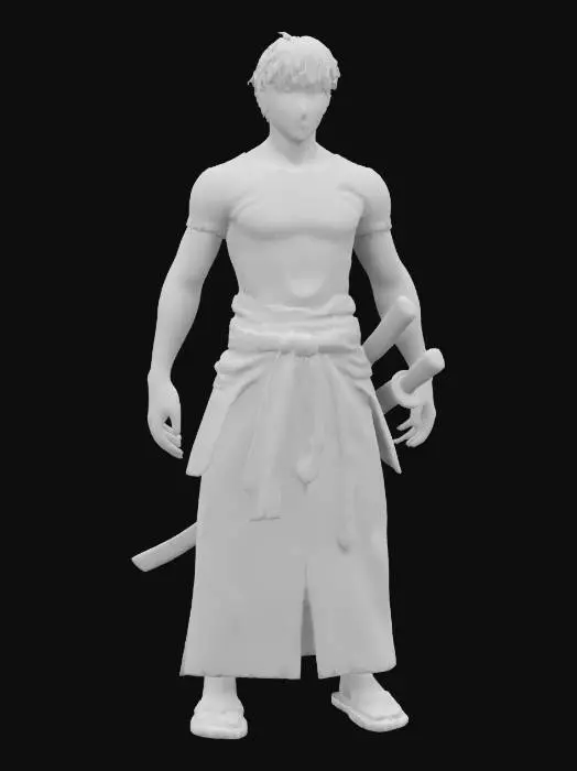 3D model for A tall, lean swordsman with sharp red eyes and messy black hair framing his pale face. He wears a fitted black t-shirt, revealing toned arms, and a dark hakama with a loosely tied gray cloth belt. He wields a long katana in one hand and a shorter blade in the other, both gleaming with deadly sharpness. His black shoes are lightweight for agility. His posture is calm yet menacing, exuding an air of quiet strength and lethal precision