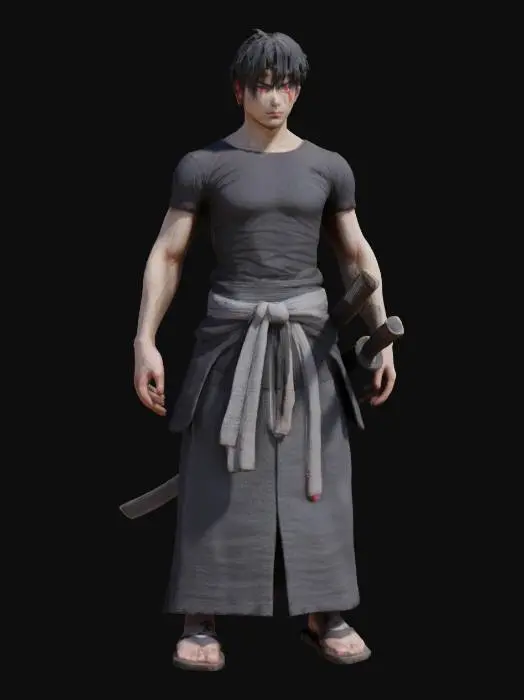 3D model for A tall, lean swordsman with sharp red eyes and messy black hair framing his pale face. He wears a fitted black t-shirt, revealing toned arms, and a dark hakama with a loosely tied gray cloth belt. He wields a long katana in one hand and a shorter blade in the other, both gleaming with deadly sharpness. His black shoes are lightweight for agility. His posture is calm yet menacing, exuding an air of quiet strength and lethal precision