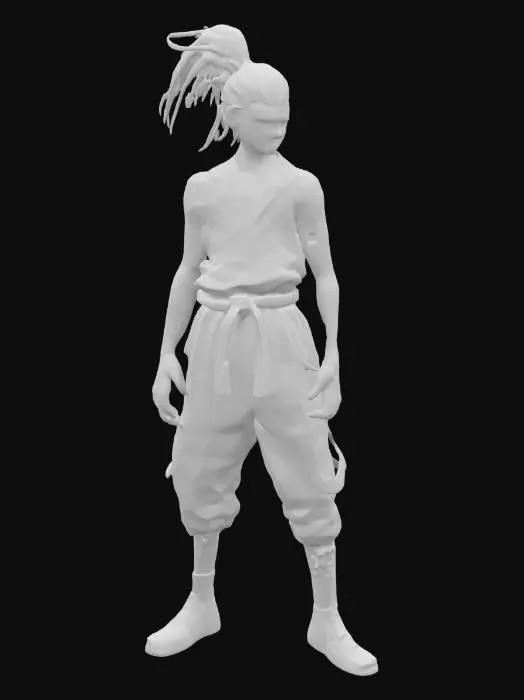 3D model for lean male teenager with sharp dark purple piercing eyes and ponytail black hairstyle framing his pale face, his skin adorned with black forgotten language markings. dark hakama with a loosely tied gray cloth belt. radiating dark energy. His stance is serious, exuding bloodlust and mystery.