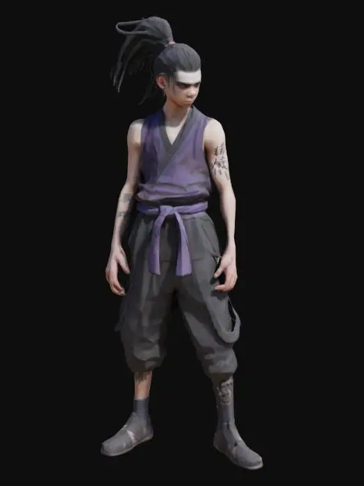 3D model for lean male teenager with sharp dark purple piercing eyes and ponytail black hairstyle framing his pale face, his skin adorned with black forgotten language markings. dark hakama with a loosely tied gray cloth belt. radiating dark energy. His stance is serious, exuding bloodlust and mystery.